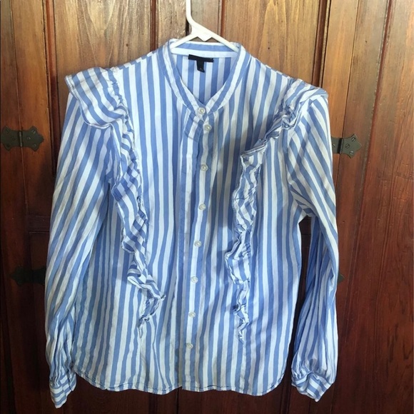 Who What Wear Blue Striped Button down Ruffle Top - Picture 3 of 5